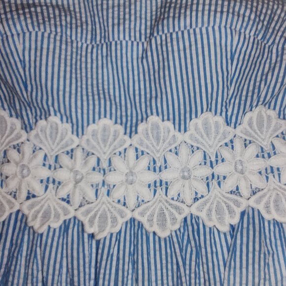 LILLY PULITZER TESSA DRESS SEERSUCKER STRIPE BLUE-WHT-LACE TRIM-TIE STRAPS SZ 6 - Picture 7 of 11